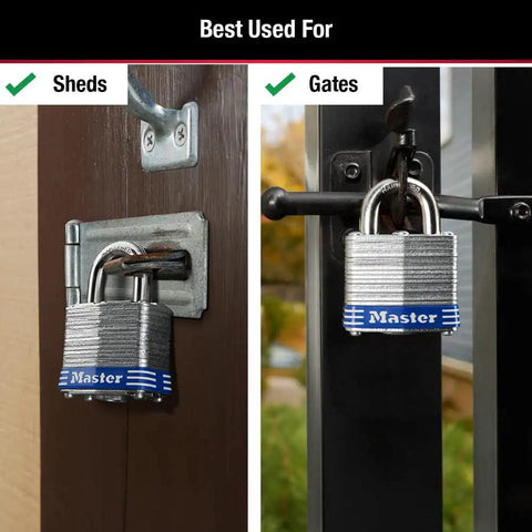 Outdoor Padlock With Key One And A Half Inch, 4 Pack Keyed Alike, Laminated Steel Body And Hardened Shackle on shed and gate