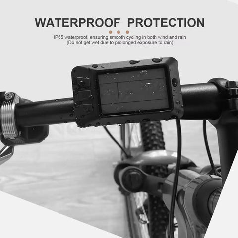Dope Waterproof LCD Bicycle Display Meter For E Bikes With Waterproof Connector mounted on handlebar showing rain resistance