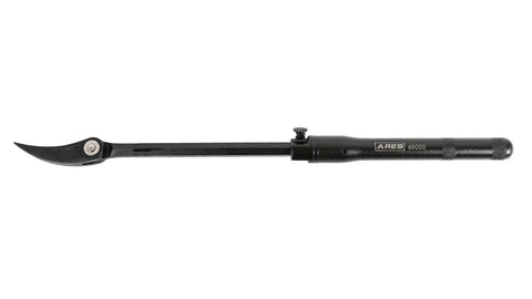 Extendable Pry Bar With 13.3 To 18.5 Inch Reach 14 Position Adjustable Angled Head For Maximum Leverage 180 Degree Indexable Head Chrome Vanadium Steel Heavy Duty Locking Pry Bar in flat position, entire length visible.