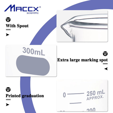 Details of Heavy-Duty 300 Milliliter Glass Beaker Set With 3.3 Borosilicate Griffin Low Form And Printed Graduation