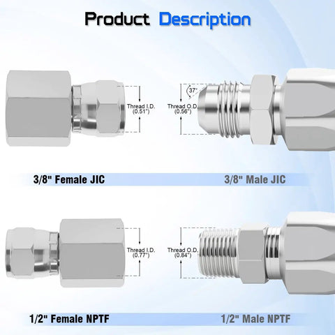 One Half Inch NPTF Female to Three Eighth Inch JIC 37 Degree Swivel Pipe Adapter Fitting Two Pack for Hydraulic Lines Heavy Duty Durable Plug And Play Connector, 3/8 JIC to 1/2 NPTF
