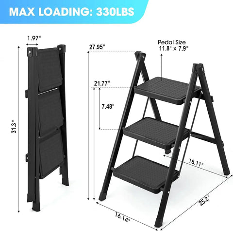 3 Step Folding Ladder For Adults With Anti Slip Wide Pedals Lightweight Aluminum Step Stool Portable 330 Lbs Capacity Ladder For Home Kitchen Office Library Easy Fold Compact Built To Last And Safe, folded and open with 11.8 x 7.9 in pedals