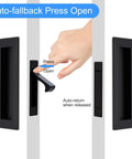Sliding Pocket Door Handles Set Matte Black 304 Stainless Steel Non Locking Recessed Flush Finger Pulls And Heavy Duty Edge Pull 6 Inch Length Durable Rust Resistant High Quality Hardware showing auto-fallback and press open feature.