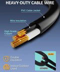Heavy-duty cable wire with PVC jacket, high grade copper, double insulation labeled for indoor/outdoor use in lighting setup.