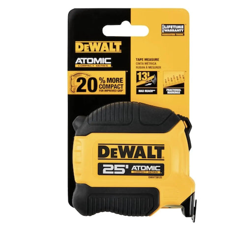 Atomic 25 Ft Tape Measure With 13 Ft Max Reach Fractional Blade For Quick Measurements 20 Percent More Compact Grip