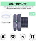 Three Quarters Inch PVC Bulkhead Fitting With Four Millimeter Silicone Seal Gasket shown with reversible locking nut and quality icons