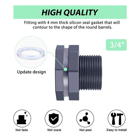 Three Quarters Inch PVC Bulkhead Fitting With Four Millimeter Silicone Seal Gasket shown with reversible locking nut and quality icons