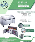 Heavy Duty Commercial Workhorse Food Prep Table Refrigerator With Three Door Stainless Steel Mega Top Etl Upright Salad Fridge Cooler And Merchandiser 17 Cubic Feet close-up of specifications and features