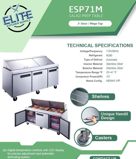 Heavy Duty Commercial Workhorse Food Prep Table Refrigerator With Three Door Stainless Steel Mega Top Etl Upright Salad Fridge Cooler And Merchandiser 17 Cubic Feet close-up of specifications and features