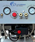 Heavy Hitter 2.0 HP Oil Free Air Compressor With 10 Gallon Steel Tank control panel showing gauges and pressure regulator.