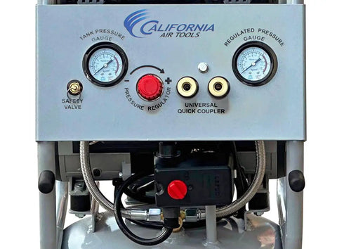 Heavy Hitter 2.0 HP Oil Free Air Compressor With 10 Gallon Steel Tank control panel showing gauges and pressure regulator.