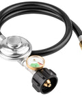 Three Feet Propane Regulator With Hose For Most Gas Grills Heaters And Fire Pits Universal Propane Tank Regulator With Three Eighths Inch Female Flare Nut 3 Ft LP Hose, showing the brass and PVC components.
