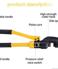 Heavy Duty Hydraulic Rebar Cutter Tool For Concrete Construction Sites, featuring movable handle and high-strength cutter head.