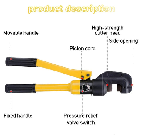 Heavy Duty Hydraulic Rebar Cutter Tool For Concrete Construction Sites, featuring movable handle and high-strength cutter head.