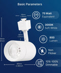Diagram showing J Type LED Track Lighting Heads 12W Equivalent To 75W 3000K Soft White 800 Lumens CRI90 Dimmable Spotlight Heads with specs