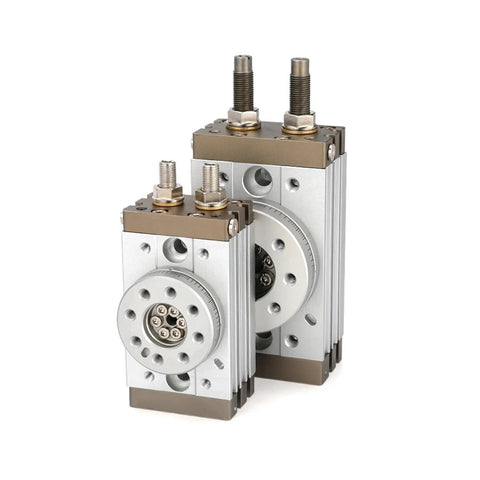 Front view of two MSQB rotary pneumatic air cylinders (rack-and-gear actuators) with silver bodies and brown end caps.
