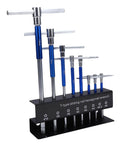 Top Tier Chrome Vanadium T Handle Hex Wrench Set Featuring Non Slip Metric Ball End Keys In 2 Through 10mm Sizes Perfect For Heavy Duty Automotive Bike Repairs And Furniture Fixes With A Handy Portable Storage Box. Display stand with metric T-handle hex keys