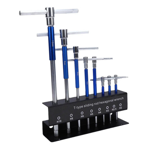 Top Tier Chrome Vanadium T Handle Hex Wrench Set Featuring Non Slip Metric Ball End Keys In 2 Through 10mm Sizes Perfect For Heavy Duty Automotive Bike Repairs And Furniture Fixes With A Handy Portable Storage Box. Display stand with metric T-handle hex keys