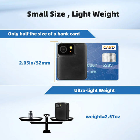Body Worn Camera With 1080P Recording 64GB Built In Memory 12 Hour Battery Lightweight Hands Free Wearable Camcorder size comparison