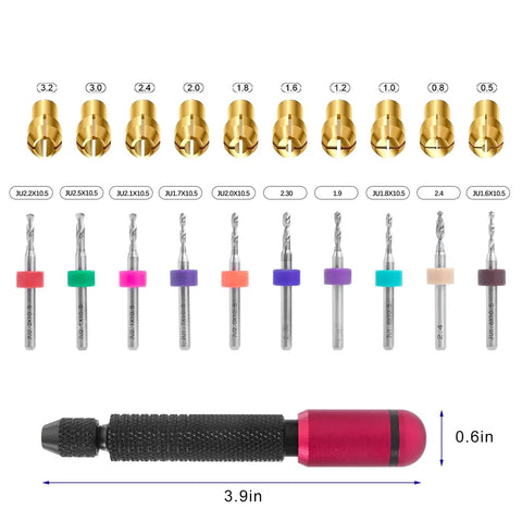21 In 1 Precision Pin Vise Hand Drill Set With 10 Mini Drill Bits And 10 PCB Chucks displayed with size details