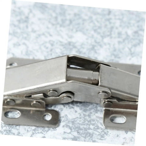 Close-up of thick hydraulic concealed steel cabinet hinge with screws for kitchen cabinets, half overlay, easy install