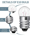 Close-up of E10 Mini Light Bulb showing details including 1.5V, 0.3A specs, solid aluminum base, and universal E10 socket.