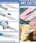Blue and silver pen knife from 8 Piece Model Tools Kit For Hobbyists And Beginners showing installation and cutting use.
