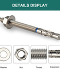 Heavy Duty 1/4 Inch By 3-1/4 Inch Concrete Anchor Bolts Stainless Steel Wedge Anchors 20 Pack Built To Endure Tough Jobs And Resist Rust For Strong Long Lasting Mounts In Concrete, details of expansion clip, thread, nut, and washer on anchor bolt