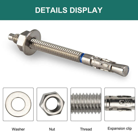 Heavy Duty 1/4 Inch By 3-1/4 Inch Concrete Anchor Bolts Stainless Steel Wedge Anchors 20 Pack Built To Endure Tough Jobs And Resist Rust For Strong Long Lasting Mounts In Concrete, details of expansion clip, thread, nut, and washer on anchor bolt