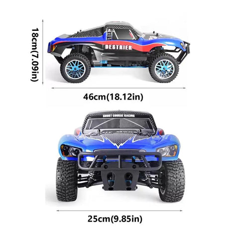 Side and front view of 1 To 10 Scale Nitro RC Truck 4WD Off Road Beast For Adults Two Speed Remote Control Car With Methanol Fuel Power.