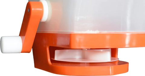 Close-up of Handheld Seed Spreader with One Gallon Capacity, showing easy one-turn operation mechanism in orange and white