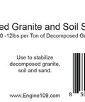 Packaging for Decomposed Granite and Soil Stabilizer with QR code and barcode, instructions for mixing 10-12 lbs per ton.