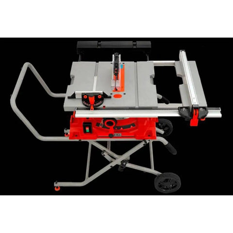 Heavy Duty 10 Inch Sliding Table Saw With 110V Motor And Quick Clamping Rip Fence viewed from above, showcasing the adjustable saw blade.