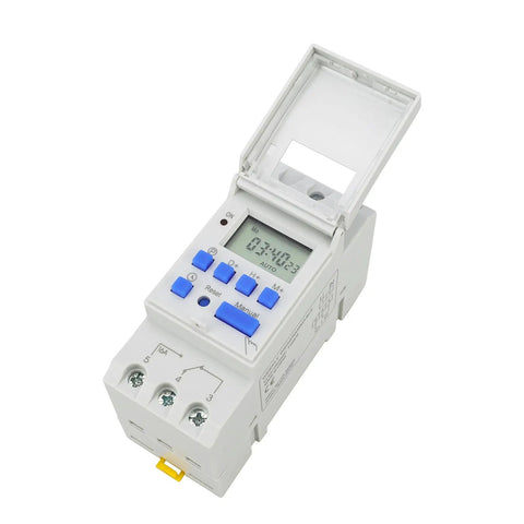 Digital Programmable Timer Switch 110V AC 16A SPDT Relay Weekly Scheduling Timer For Home And Light Industrial Use Auto On Off Easy Install Durable Relay Module For Lights Fans Pumps And Appliances, DIN rail mount with LCD and cover open