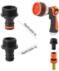 Garden Hose Quick Connect Fittings Pack Of 2 3/4 Inch GHT Male Nipples Adapters shown with nozzles and hose connection view.