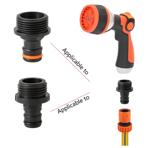 Garden Hose Quick Connect Fittings Pack Of 2 3/4 Inch GHT Male Nipples Adapters shown with nozzles and hose connection view.