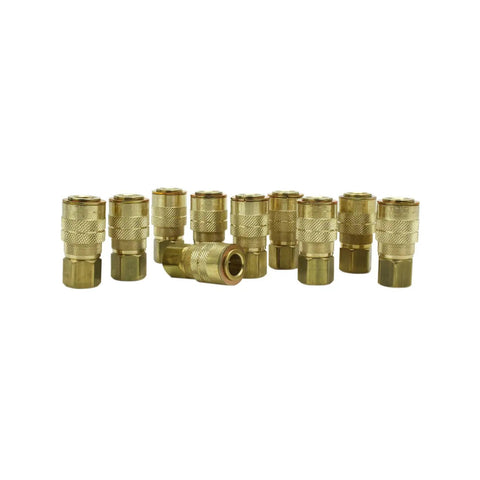 Box of ten One Quarter Inch FNPT M Style Air Coupler with Drag Guard for Heavy Duty Shop Use, pictured in rugged aluminum body.