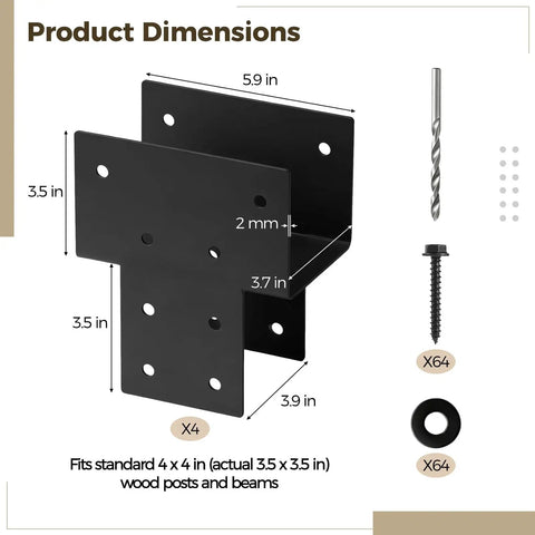Heavy Duty 4x4 Post Cap Tie Brackets Kit For Wood Gazebo Deck And Patio Actual 3.5x3.5 Inch Stainless Steel Post Anchor Connectors No Fuss All In One Kit With 4 Brackets 64 Screws 64 Washers Socket Wrench And Drill Bit