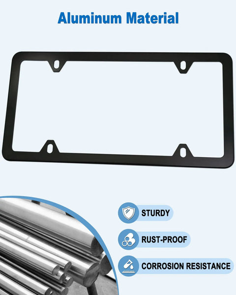 Front License Plate Mounting Kit With Black Aluminum Frame, showcasing rust-proof, sturdy, corrosion-resistant qualities.