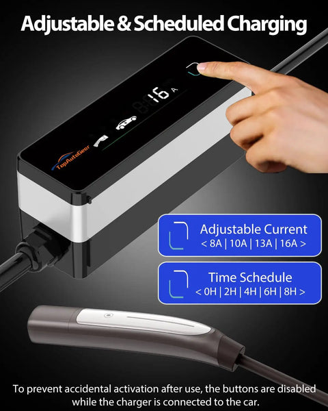 Portable EV Charger 16A 110V To 240V Level 1 And Level 2 NACS And J1772 Compatible with adjustable settings shown
