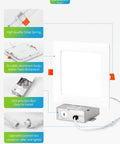 Diagram of 6 Inch Square LED Recessed Ceiling Light Dimmable Canless Wafer Downlight Damp Rated for Bathroom Basement Kitchen Ultra Thin with Junction Box