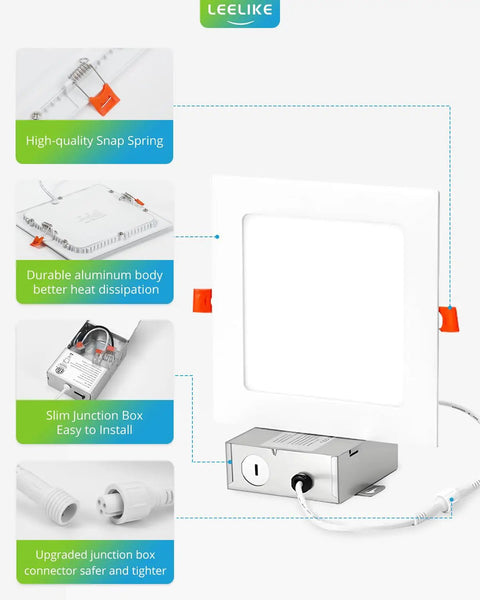 Diagram of 6 Inch Square LED Recessed Ceiling Light Dimmable Canless Wafer Downlight Damp Rated for Bathroom Basement Kitchen Ultra Thin with Junction Box