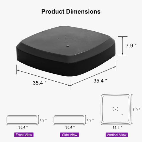 Offset Patio Umbrella Base With Wheels For Cantilever Umbrellas, Sand Or Water Fill, Square 35.4 By 35.4 By 7.9 Inches dimensions.