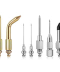 7-piece grease gun needle tip kit with brass and stainless steel adapters, including straight and angled tips for tight spaces