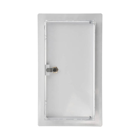 Bulletproof Lockable Metal Access Panel For Drywall 6X12 Inch view, showing white epoxy steel construction and secure lock.