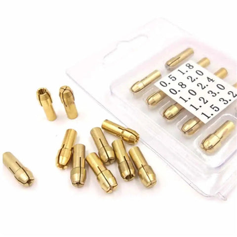 Top Notch Drill Chuck Collets 100 Piece Set Fits 0.5 To 3.2Mm Drive Bits with brass collets in packaging on a white background.