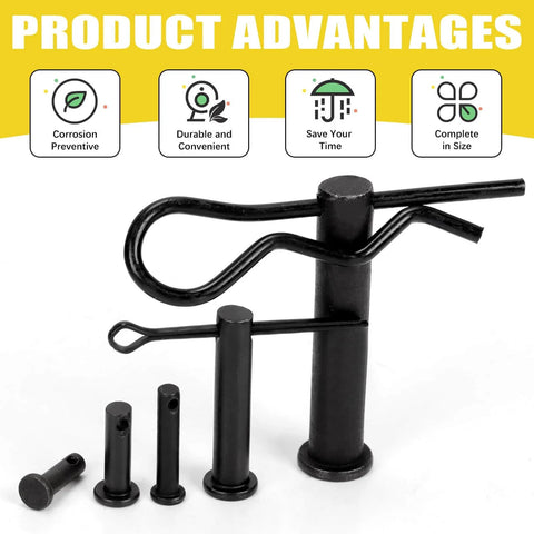 Carbon Steel Clevis Pin And R Clips Kit 100 Piece Assortment displayed with product advantages icons.