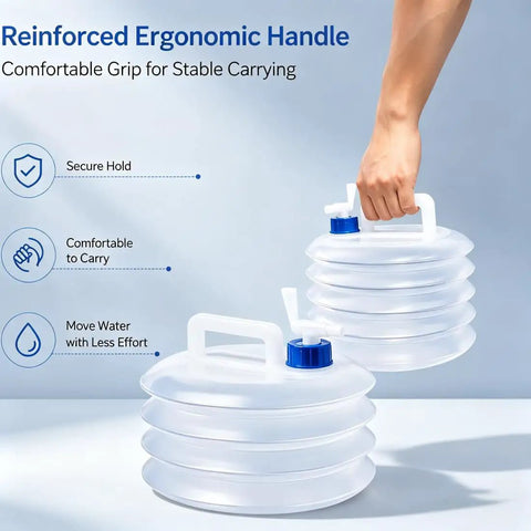 Person holding Go-To Collapsible Water Container With Spigot For Travel And Camping, accordion design with ergonomic handle