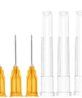 Box of 100 Sterile 25 Gauge 5/8 Inch Luer-Lock Dispensing Needles With Sealed Caps, Disposable Lab Must-Haves for Scientific Research, Industrial Use, Plant Cultivation, and Home Use, shown sealed