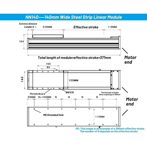 Heavy Duty Beefed Up 140mm Wide Linear Guide Platform With 180kg Load For CNC Machines, SFU2005/2010 XYZ Axis, 4 EGH20CA Carriages, Fully Enclosed Ball Screw Rail, 800mm Version, Bracket Included dimension drawing